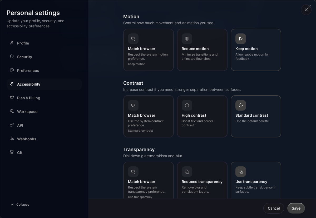 Accessibility settings (Desktop)