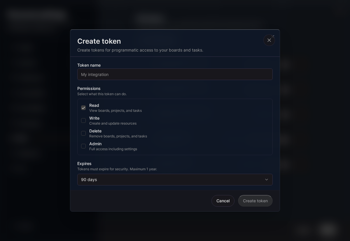 API token creation form (Desktop)