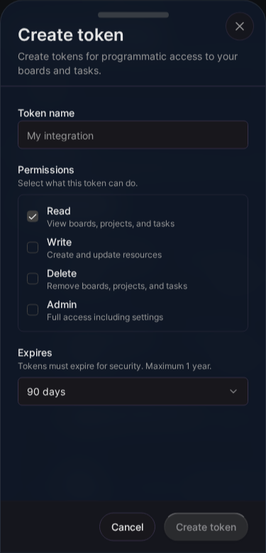 API token creation form (Mobile)