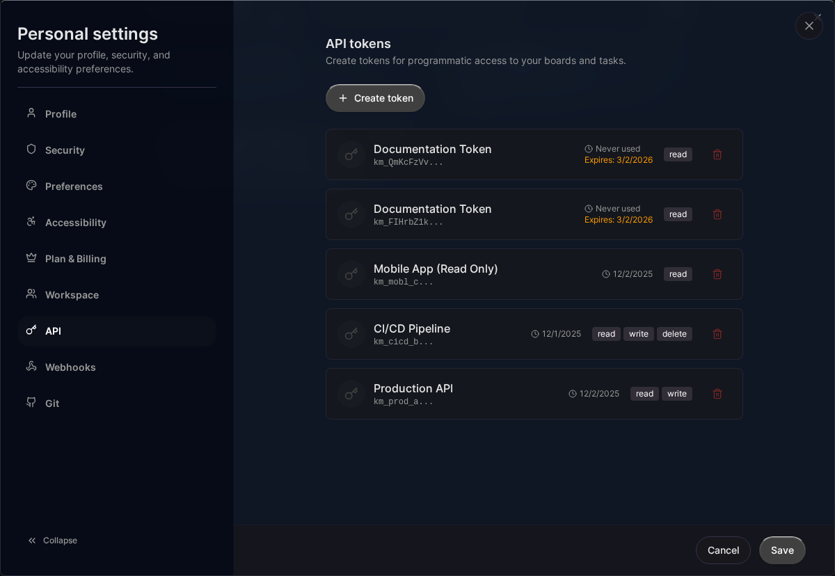 API tokens management (Desktop)