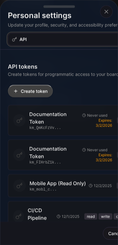 API tokens management (Mobile)