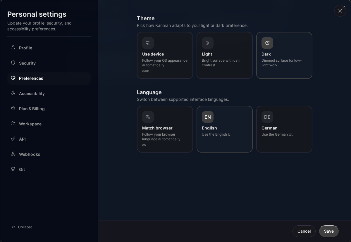 Preferences settings (Desktop)