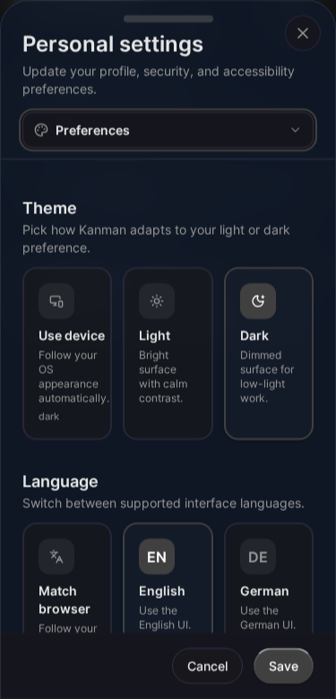 Preferences settings (Mobile)