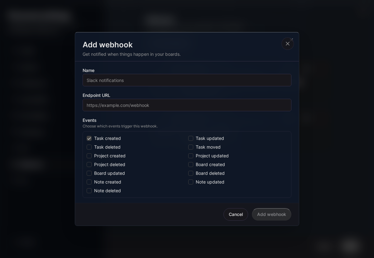 Webhook creation form (Desktop)