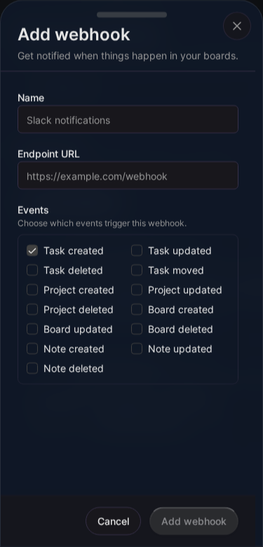 Webhook creation form (Mobile)