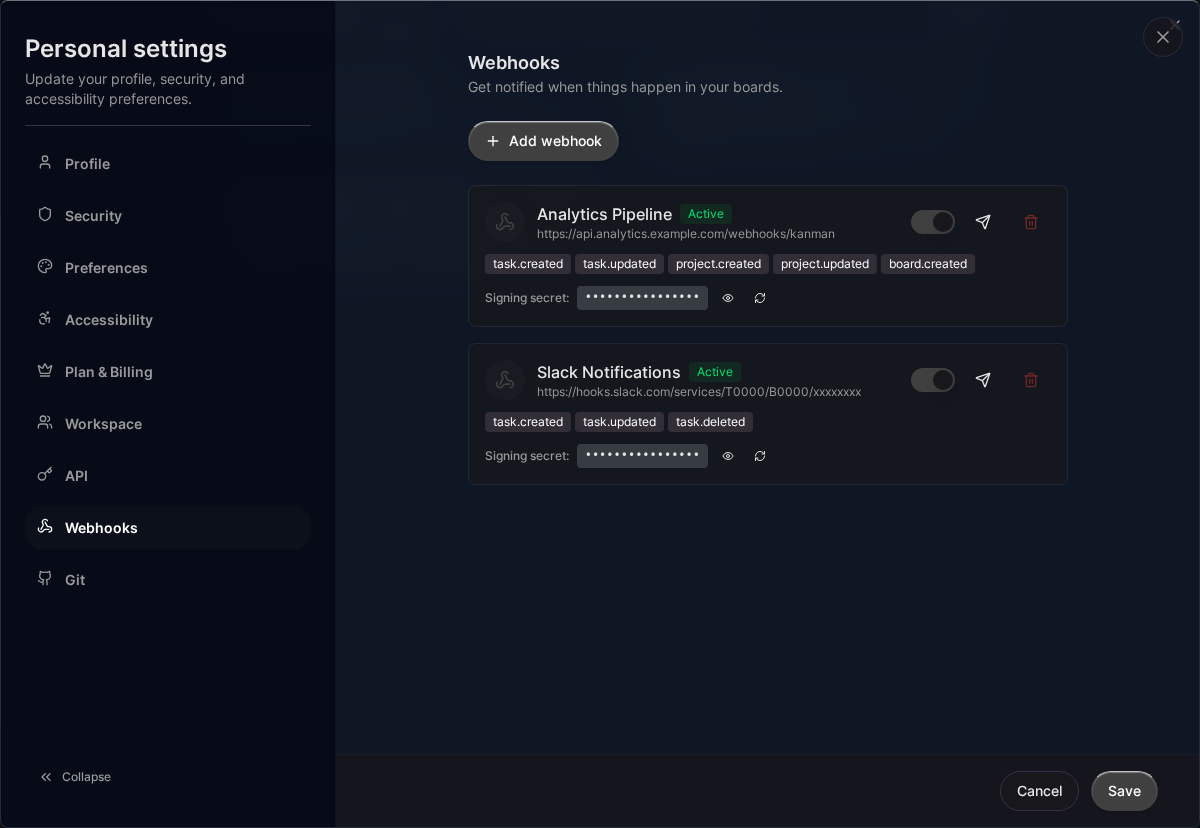 Webhooks configuration (Desktop)