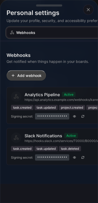 Webhooks configuration (Mobile)